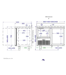 Mesas Frías Snack fondo 600mm Bajo Mostrador con 4 puertas y fregadero 2500mm Oscar Zarzosa BM-2500-C