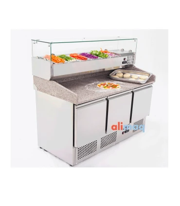 Mesas Frías Fondo 800mm Mesa Fría Inox Granito para pizzas de 2 puertas con vitrina de ingredientes PZ-2600-TN Casfri PZ-2600-TN