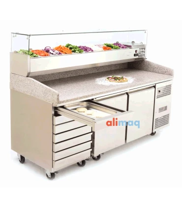 Mesas Frías Fondo 800mm Mesa Fría Inox Granito para pizzas de 1 puerta y cajonera y vitrina de ingredientes PZ-2610-TN Casfri...