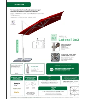 Parasol aluminio 3x3 m mástil lateral ref. 878 Tejido Olefin 190 g/m2