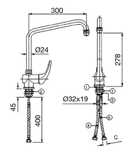 Grifo mezclador monomando corto, caño alto en U y mando corto