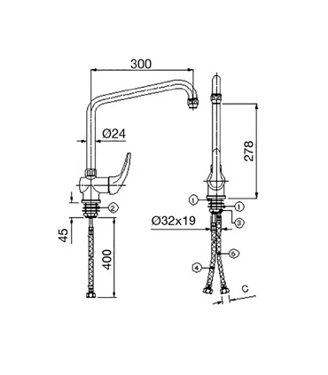 Grifería Grifo mezclador monomando corto, caño alto en U y mando corto Distform R0020238