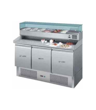 Mesas Frías Fondo 700mm Mesa refrigerada pizzería de granito con vitrina de ingredientes 1400x700mm MRP-136-EX Casfri MRP-136-EX