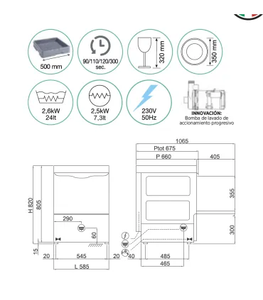 Lavavajillas Puerta Abatible Lavavasos con Cesta de 50x50 Compack modelo X54E Compack X54E