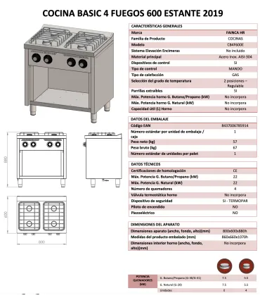 Cocinas a Gas Cocina a gas con mueble de 4 fuegos CB4F600E HR Fainca CB4F600E