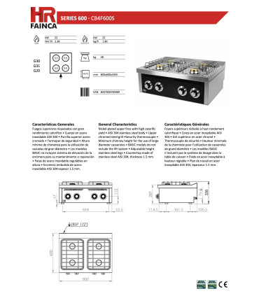 Cocinas a Gas Cocina de sobremesa a gas de 4 fuegos CB4F600S HR Fainca CB4F600S