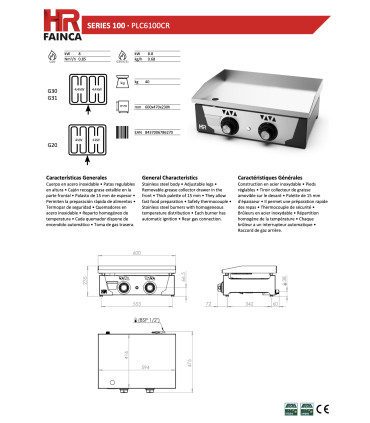 Planchas a Gas Plancha a gas 60 cms en acero cromado placa de 15mm PLC6100CR HR Fainca PLC6100CR