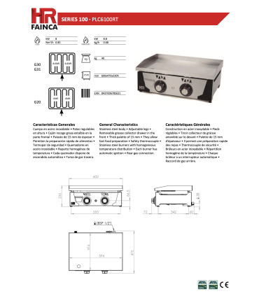 Planchas a Gas Plancha a gas 60 cms en acero rectificado placa de 15mm PLC6100RT HR Fainca PLC6100RT