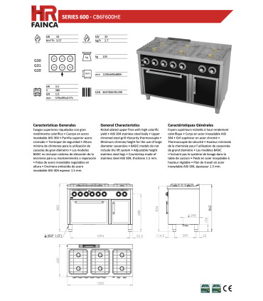 Cocinas a Gas Cocina a gas de 6 fuegos con horno eléctrico CB6F600HE HR Fainca CB6F600HE