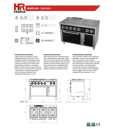 Cocinas a Gas Cocina a gas de 6 fuegos con horno a gas CB6F600H HR Fainca CB6F600H